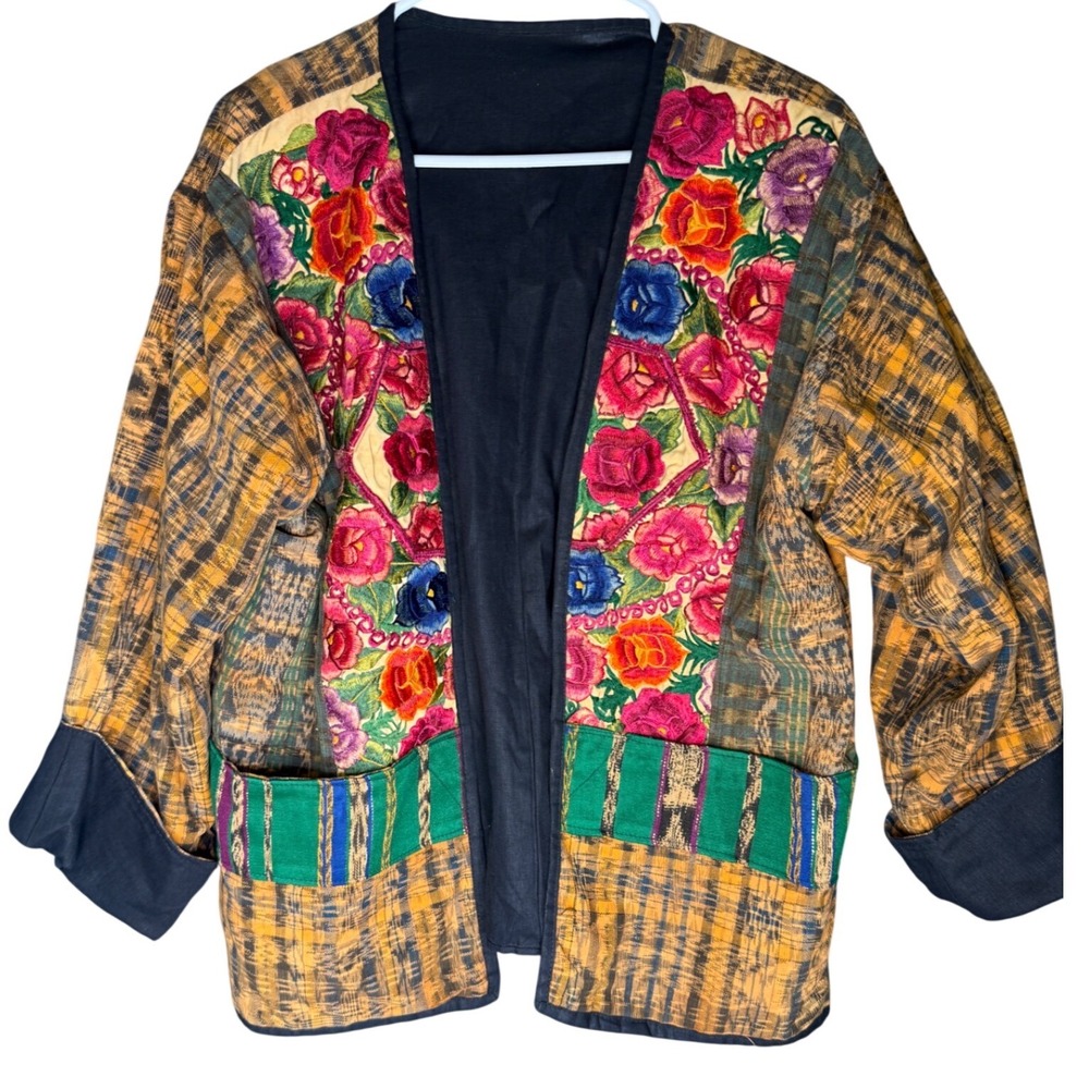 Vintage Boho Floral Embroidered Tapestry Ikat Kimono Jacket Open Front Jacket L